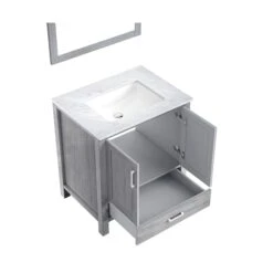 Lexora Jacques 30" Distressed Grey Single Vanity, White Carrara Marble Top, White Square Sink And 28" Mirror -Home And Outdoor LJ342230SDDSM28 9