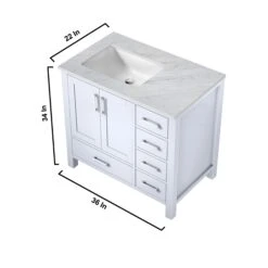 Lexora Jacques 36" White Single Vanity, White Carrara Marble Top, White Square Sink And 34" Mirror - Left Version 22 Lexora Jacques 36" White Single Vanity, White Carrara Marble Top, White Square Sink And 34" Mirror - Left Version -Home And Outdoor LJ342236SADSM34 L 10