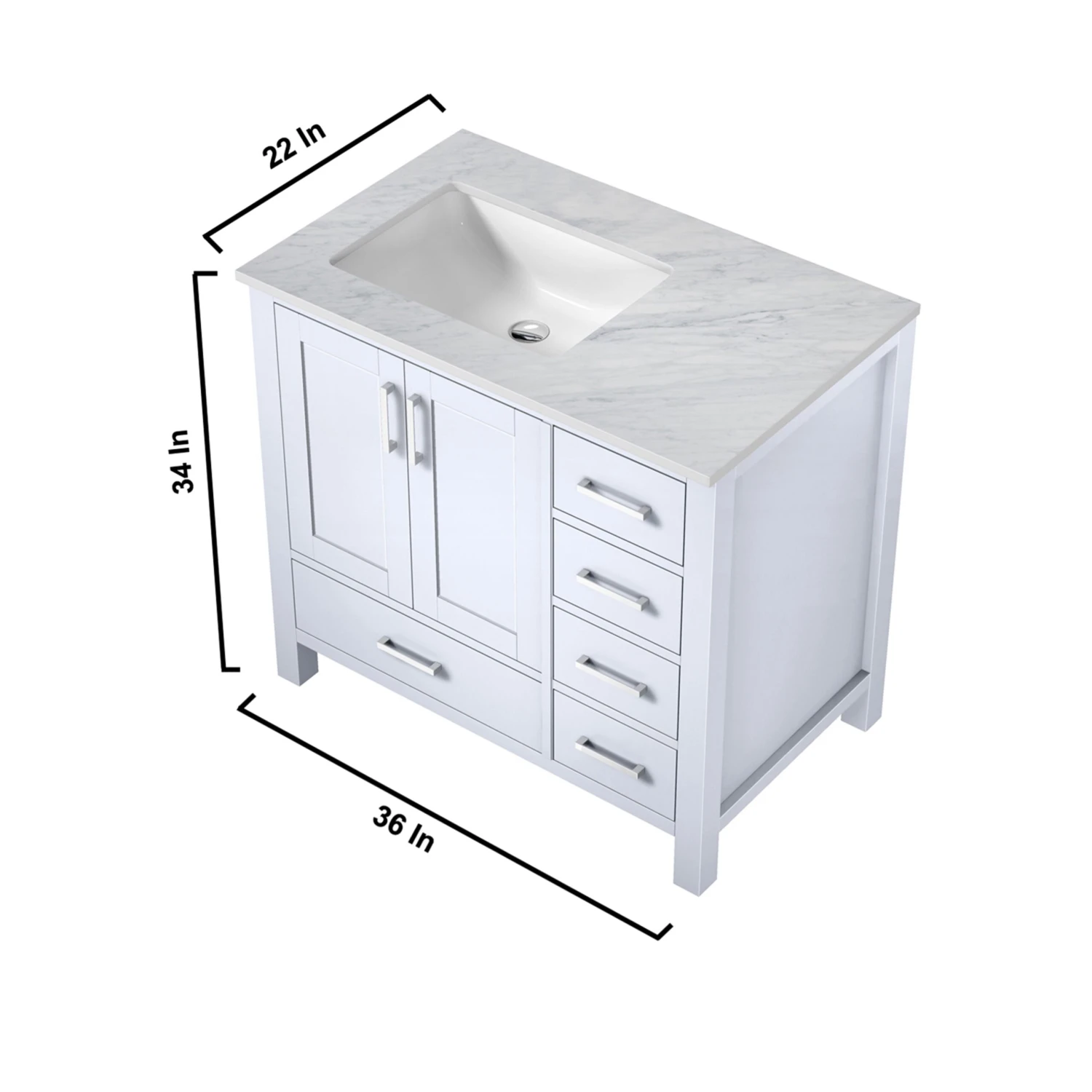 Lexora Jacques 36" White Single Vanity, White Carrara Marble Top, White Square Sink And 34" Mirror - Left Version 12 Lexora Jacques 36" White Single Vanity, White Carrara Marble Top, White Square Sink And 34" Mirror - Left Version - Image 10