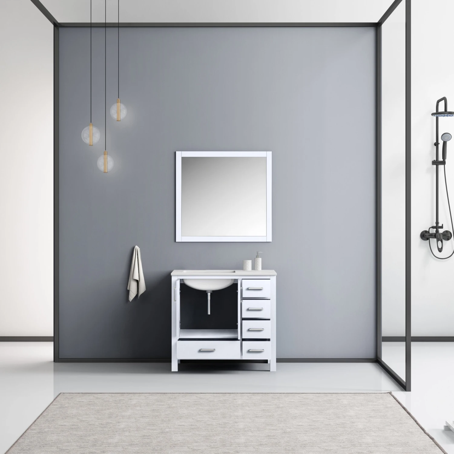 Lexora Jacques 36" White Single Vanity, White Carrara Marble Top, White Square Sink And 34" Mirror - Left Version 5 Lexora Jacques 36" White Single Vanity, White Carrara Marble Top, White Square Sink And 34" Mirror - Left Version - Image 3