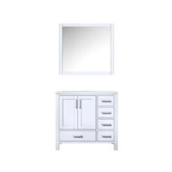 Lexora Jacques 36" White Single Vanity, White Carrara Marble Top, White Square Sink And 34" Mirror - Left Version