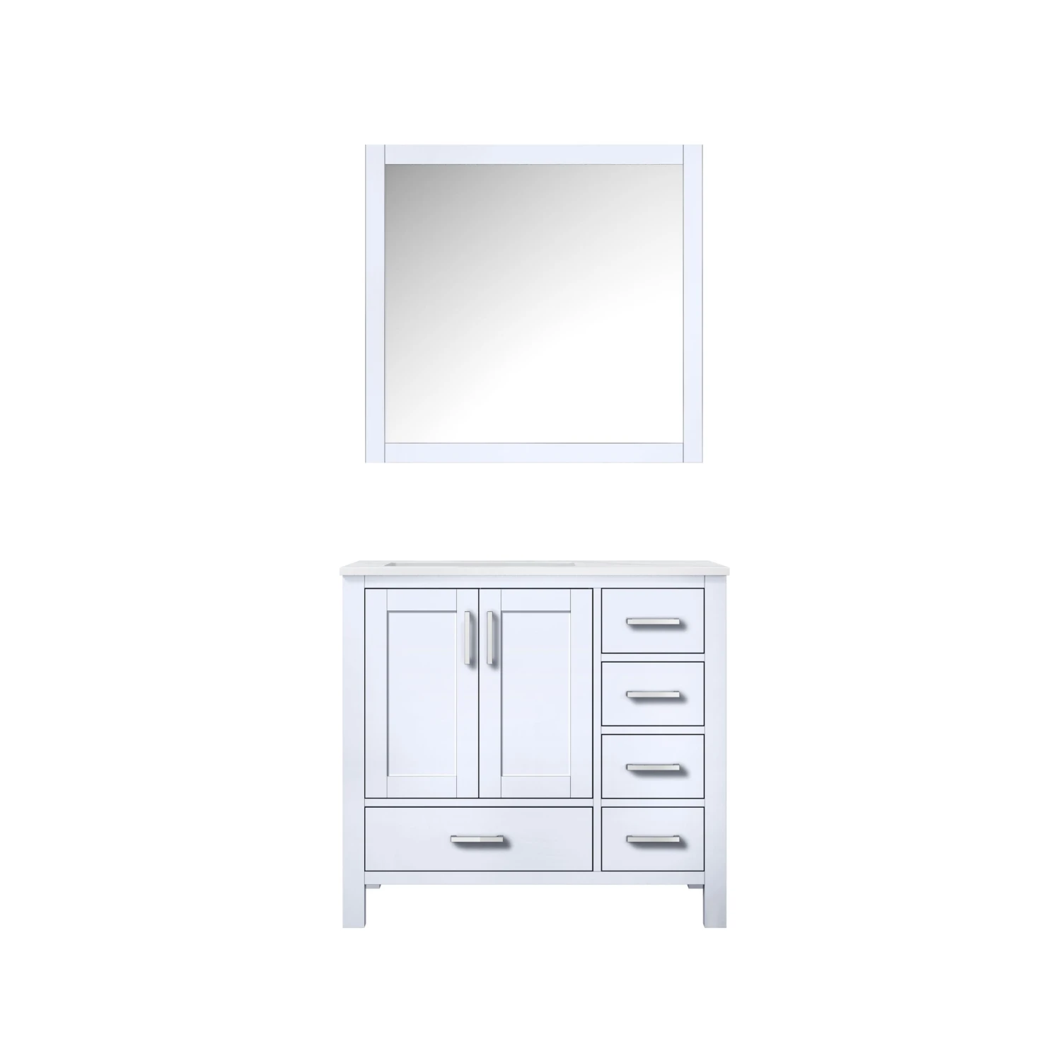 Lexora Jacques 36" White Single Vanity, White Carrara Marble Top, White Square Sink And 34" Mirror - Left Version 3 Lexora Jacques 36" White Single Vanity, White Carrara Marble Top, White Square Sink And 34" Mirror - Left Version