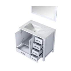Lexora Jacques 36" White Single Vanity, White Carrara Marble Top, White Square Sink And 34" Mirror - Left Version 19 Lexora Jacques 36" White Single Vanity, White Carrara Marble Top, White Square Sink And 34" Mirror - Left Version -Home And Outdoor LJ342236SADSM34 L 7