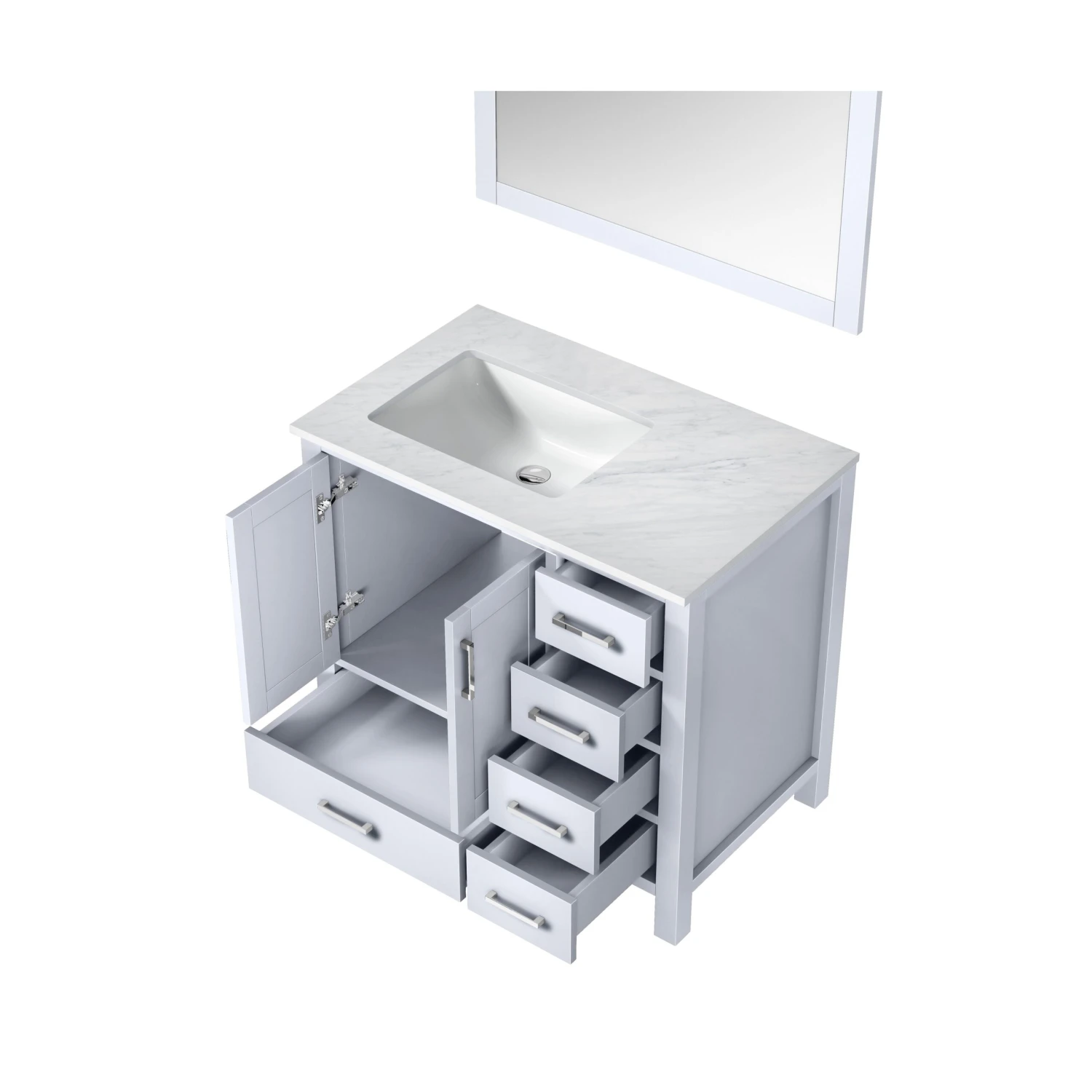 Lexora Jacques 36" White Single Vanity, White Carrara Marble Top, White Square Sink And 34" Mirror - Left Version 9 Lexora Jacques 36" White Single Vanity, White Carrara Marble Top, White Square Sink And 34" Mirror - Left Version - Image 7