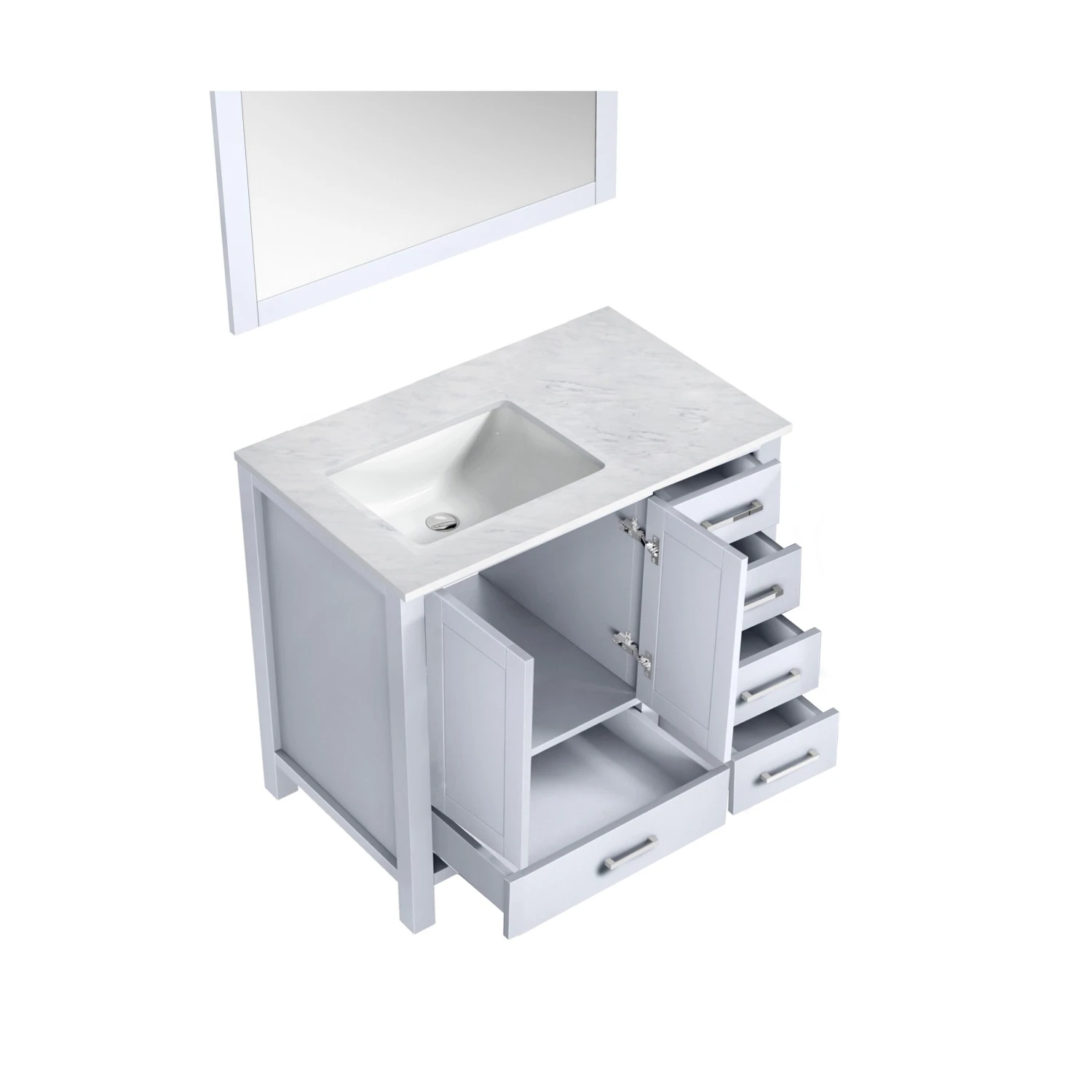 Lexora Jacques 36" White Single Vanity, White Carrara Marble Top, White Square Sink And 34" Mirror - Left Version 10 Lexora Jacques 36" White Single Vanity, White Carrara Marble Top, White Square Sink And 34" Mirror - Left Version - Image 8