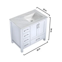 Lexora Jacques 36" White Single Vanity, White Carrara Marble Top, White Square Sink And 34" Mirror - Right Version -Home And Outdoor LJ342236SADSM34 R 10
