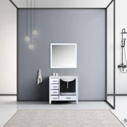 Lexora Jacques 36" White Single Vanity, White Carrara Marble Top, White Square Sink And 34" Mirror - Right Version -Home And Outdoor LJ342236SADSM34 R 2