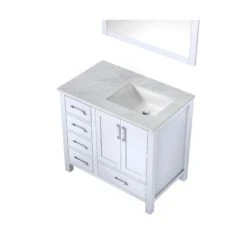 Lexora Jacques 36" White Single Vanity, White Carrara Marble Top, White Square Sink And 34" Mirror - Right Version -Home And Outdoor LJ342236SADSM34 R 5