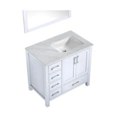 Lexora Jacques 36" White Single Vanity, White Carrara Marble Top, White Square Sink And 34" Mirror - Right Version -Home And Outdoor LJ342236SADSM34 R 6