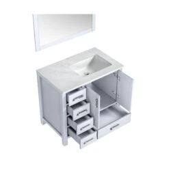 Lexora Jacques 36" White Single Vanity, White Carrara Marble Top, White Square Sink And 34" Mirror - Right Version -Home And Outdoor LJ342236SADSM34 R 7