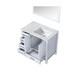 Lexora Jacques 36" White Single Vanity, White Carrara Marble Top, White Square Sink And 34" Mirror - Right Version -Home And Outdoor LJ342236SADSM34 R 8