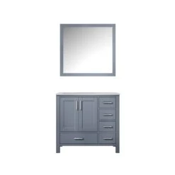 Lexora Jacques 36" Dark Grey Single Vanity, White Carrara Marble Top, White Square Sink And 34" Mirror - Left Version