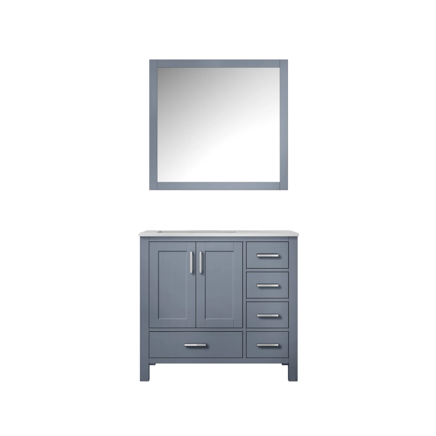 Lexora Jacques 36" Dark Grey Single Vanity, White Carrara Marble Top, White Square Sink And 34" Mirror - Left Version 3 Lexora Jacques 36" Dark Grey Single Vanity, White Carrara Marble Top, White Square Sink And 34" Mirror - Left Version