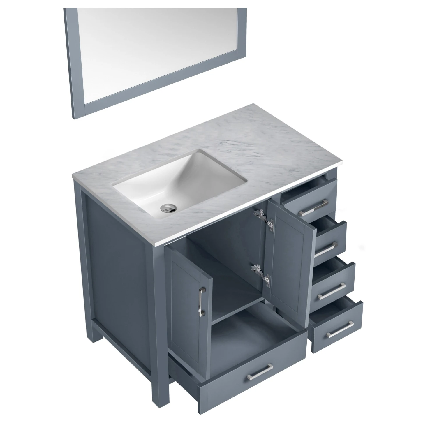 Lexora Jacques 36" Dark Grey Single Vanity, White Carrara Marble Top, White Square Sink And 34" Mirror - Left Version 10 Lexora Jacques 36" Dark Grey Single Vanity, White Carrara Marble Top, White Square Sink And 34" Mirror - Left Version - Image 8