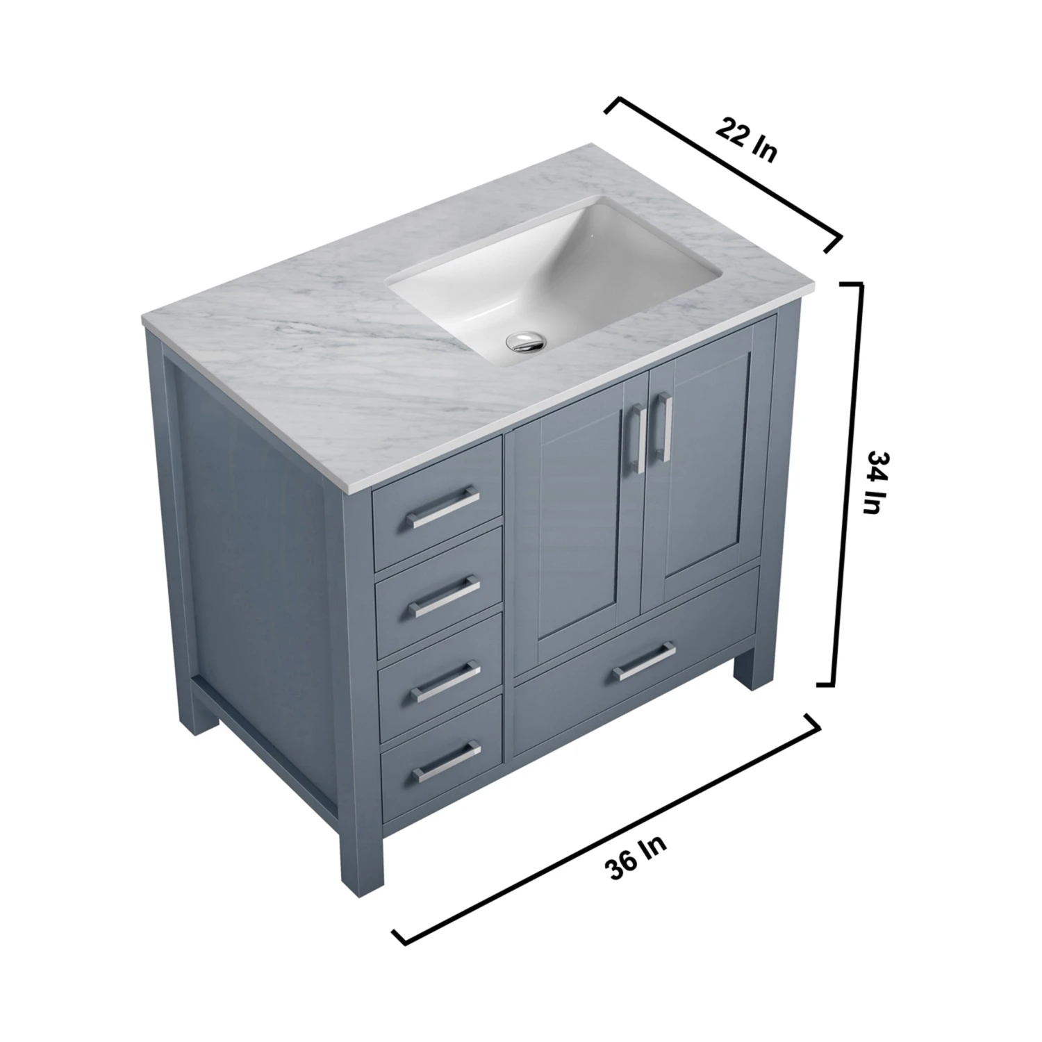 Lexora Jacques 36" Dark Grey Single Vanity, White Carrara Marble Top, White Square Sink And 34" Mirror - Right Version 12 Lexora Jacques 36" Dark Grey Single Vanity, White Carrara Marble Top, White Square Sink And 34" Mirror - Right Version - Image 10