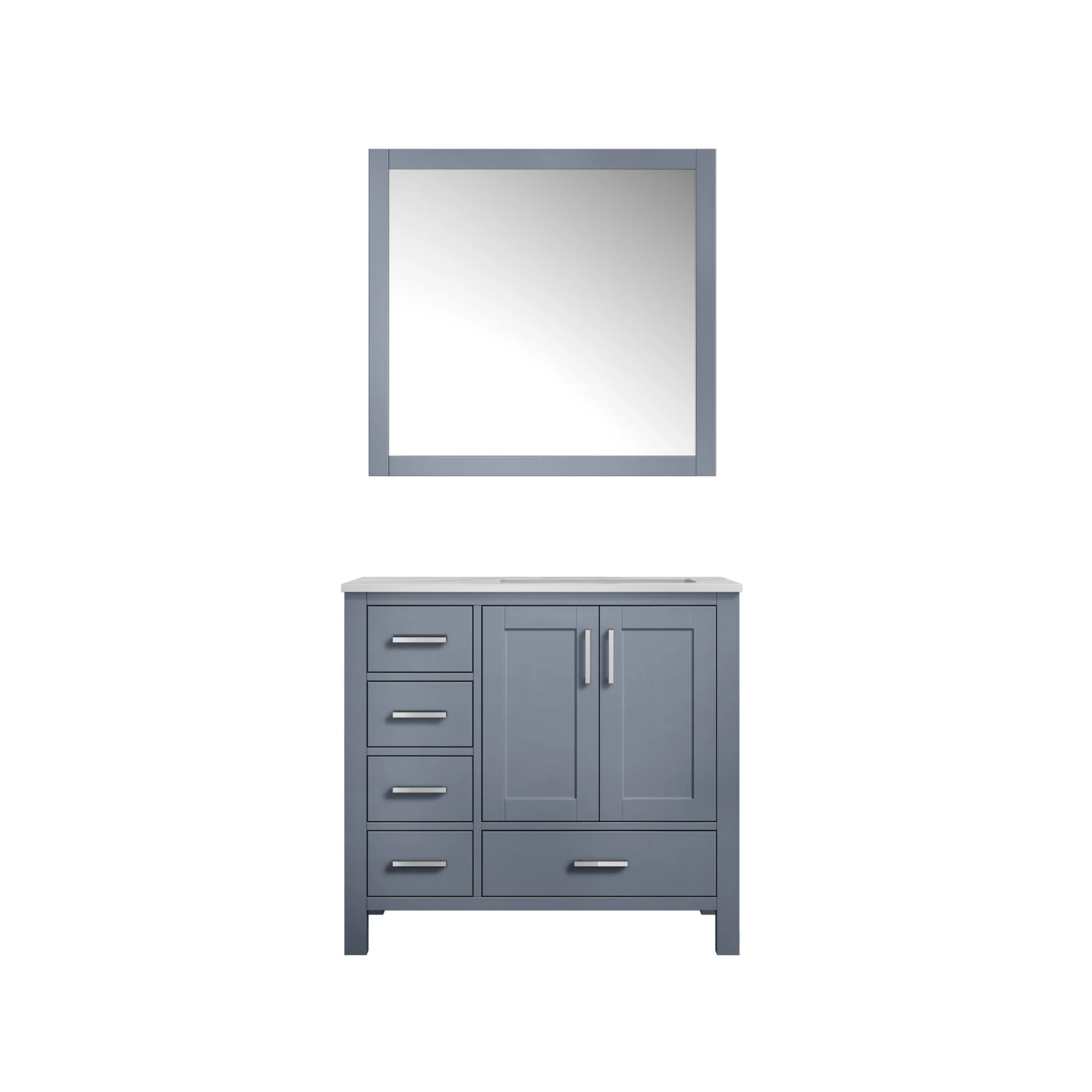Lexora Jacques 36" Dark Grey Single Vanity, White Carrara Marble Top, White Square Sink And 34" Mirror - Right Version 3 Lexora Jacques 36" Dark Grey Single Vanity, White Carrara Marble Top, White Square Sink And 34" Mirror - Right Version