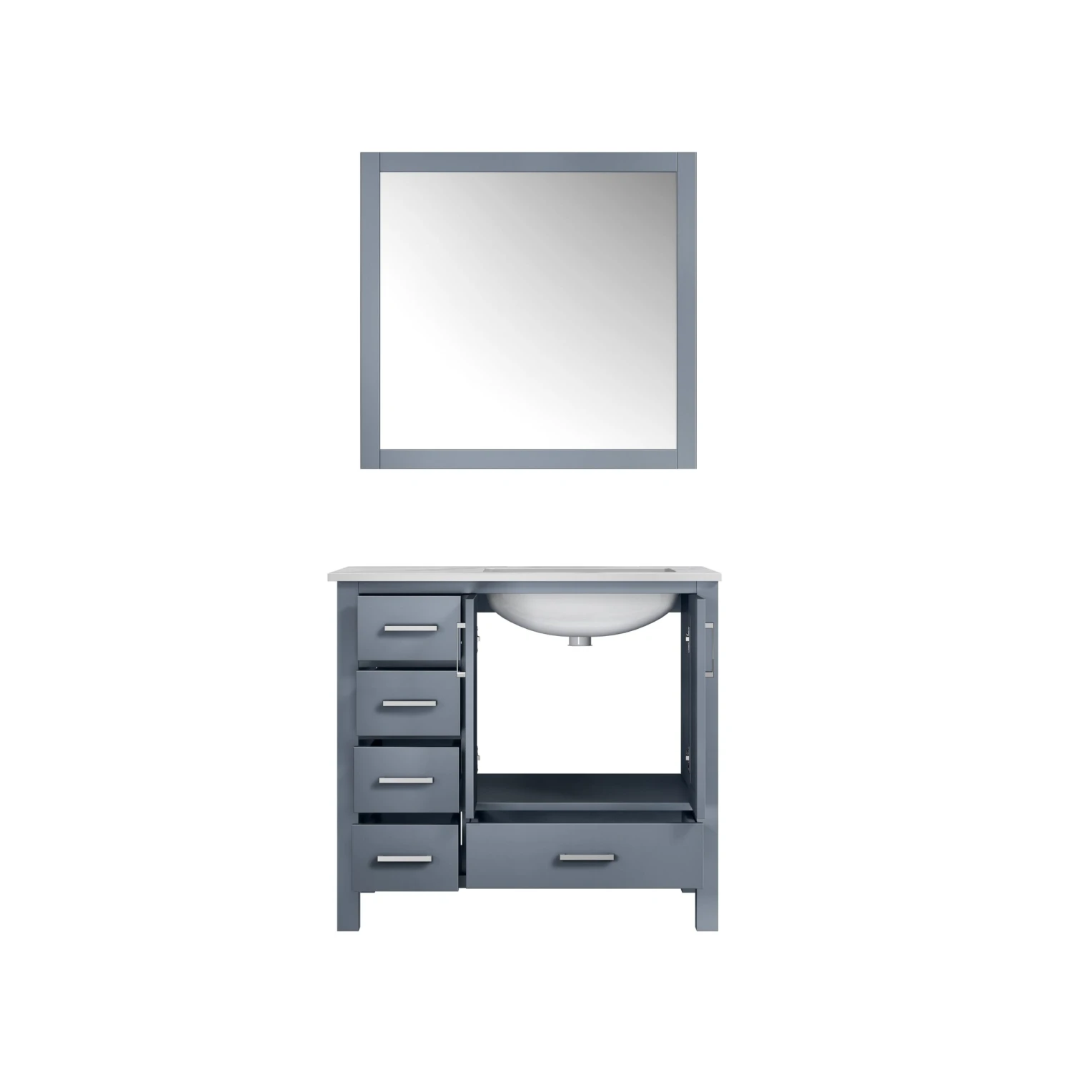 Lexora Jacques 36" Dark Grey Single Vanity, White Carrara Marble Top, White Square Sink And 34" Mirror - Right Version 6 Lexora Jacques 36" Dark Grey Single Vanity, White Carrara Marble Top, White Square Sink And 34" Mirror - Right Version - Image 4