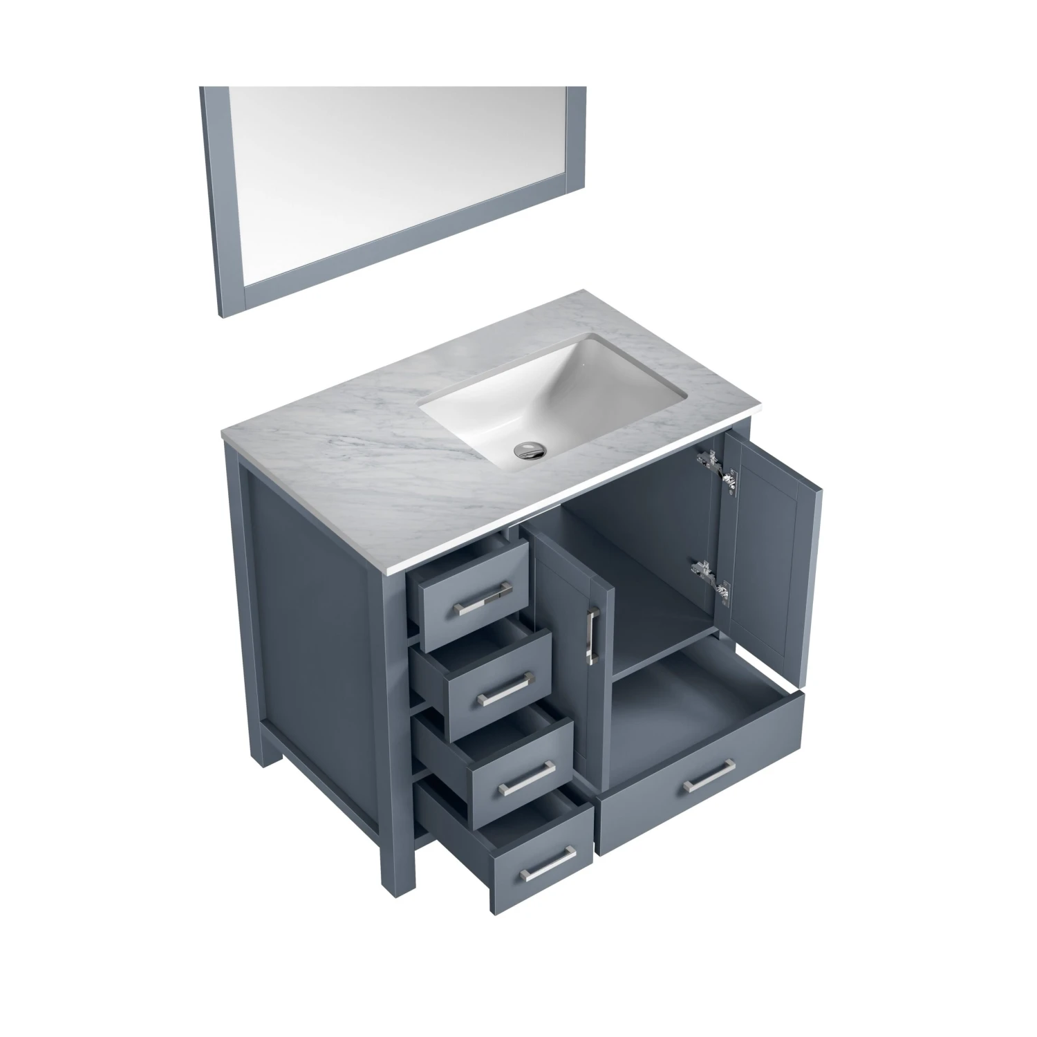 Lexora Jacques 36" Dark Grey Single Vanity, White Carrara Marble Top, White Square Sink And 34" Mirror - Right Version 9 Lexora Jacques 36" Dark Grey Single Vanity, White Carrara Marble Top, White Square Sink And 34" Mirror - Right Version - Image 7