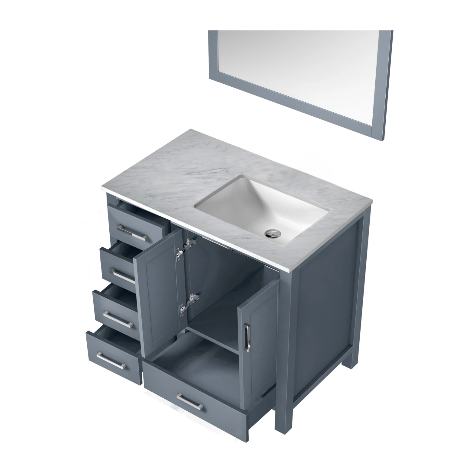 Lexora Jacques 36" Dark Grey Single Vanity, White Carrara Marble Top, White Square Sink And 34" Mirror - Right Version 10 Lexora Jacques 36" Dark Grey Single Vanity, White Carrara Marble Top, White Square Sink And 34" Mirror - Right Version - Image 8