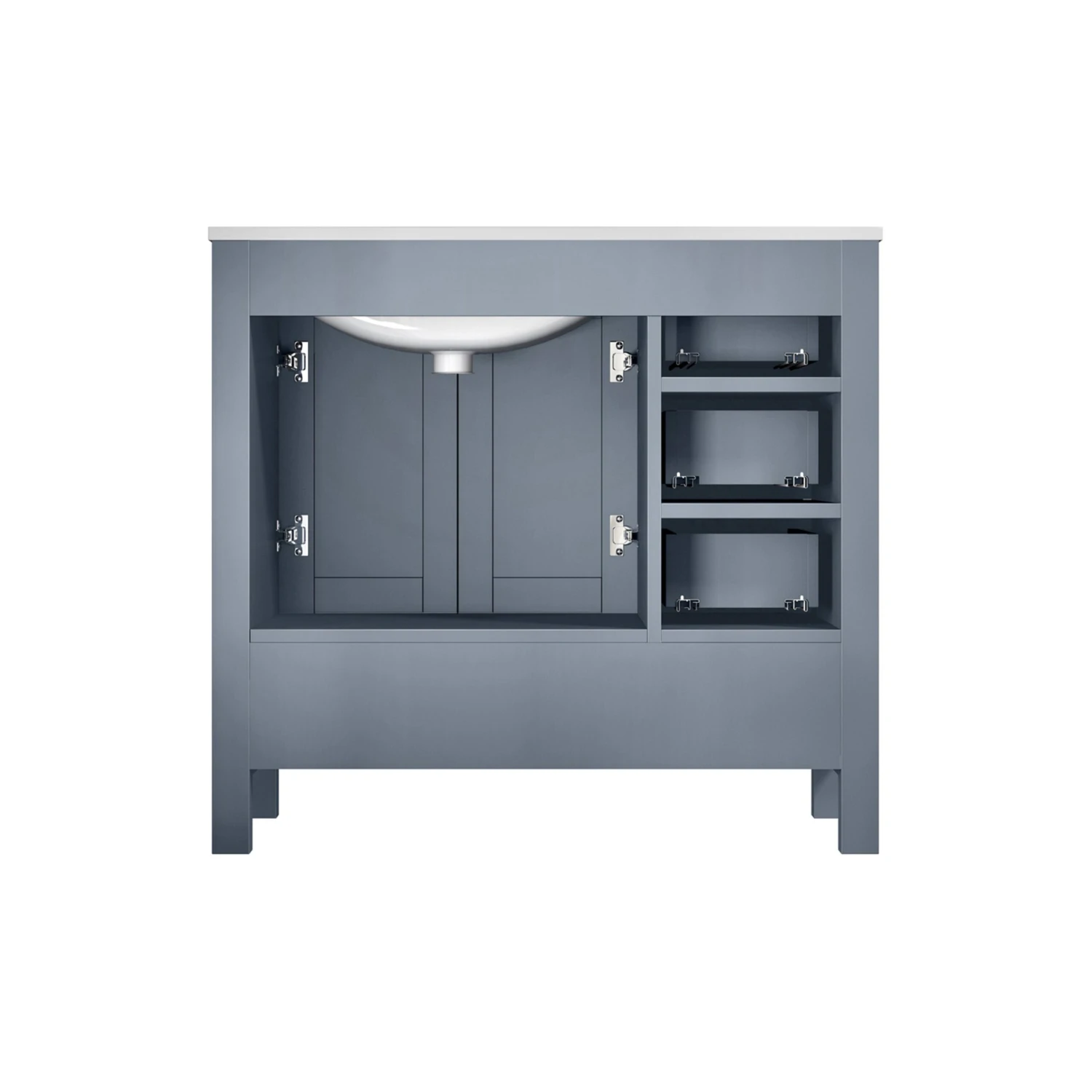 Lexora Jacques 36" Dark Grey Single Vanity, White Carrara Marble Top, White Square Sink And 34" Mirror - Right Version 11 Lexora Jacques 36" Dark Grey Single Vanity, White Carrara Marble Top, White Square Sink And 34" Mirror - Right Version - Image 9