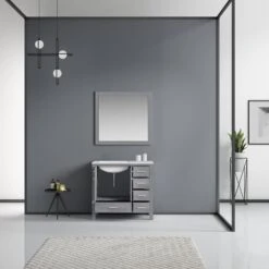 Lexora Jacques 36" Distressed Grey Single Vanity, White Carrara Marble Top, White Square Sink And 34" Mirror - Left Version -Home And Outdoor LJ342236SDDSM34 L 2