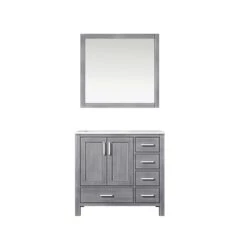 Lexora Jacques 36" Distressed Grey Single Vanity, White Carrara Marble Top, White Square Sink And 34" Mirror - Left Version