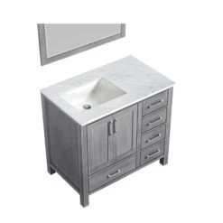 Lexora Jacques 36" Distressed Grey Single Vanity, White Carrara Marble Top, White Square Sink And 34" Mirror - Left Version -Home And Outdoor LJ342236SDDSM34 L 5