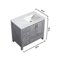 Lexora Jacques 36" Distressed Grey Single Vanity, White Carrara Marble Top, White Square Sink And 34" Mirror - Right Version 22 Lexora Jacques 36" Distressed Grey Single Vanity, White Carrara Marble Top, White Square Sink And 34" Mirror - Right Version -Home And Outdoor LJ342236SDDSM34 R 10