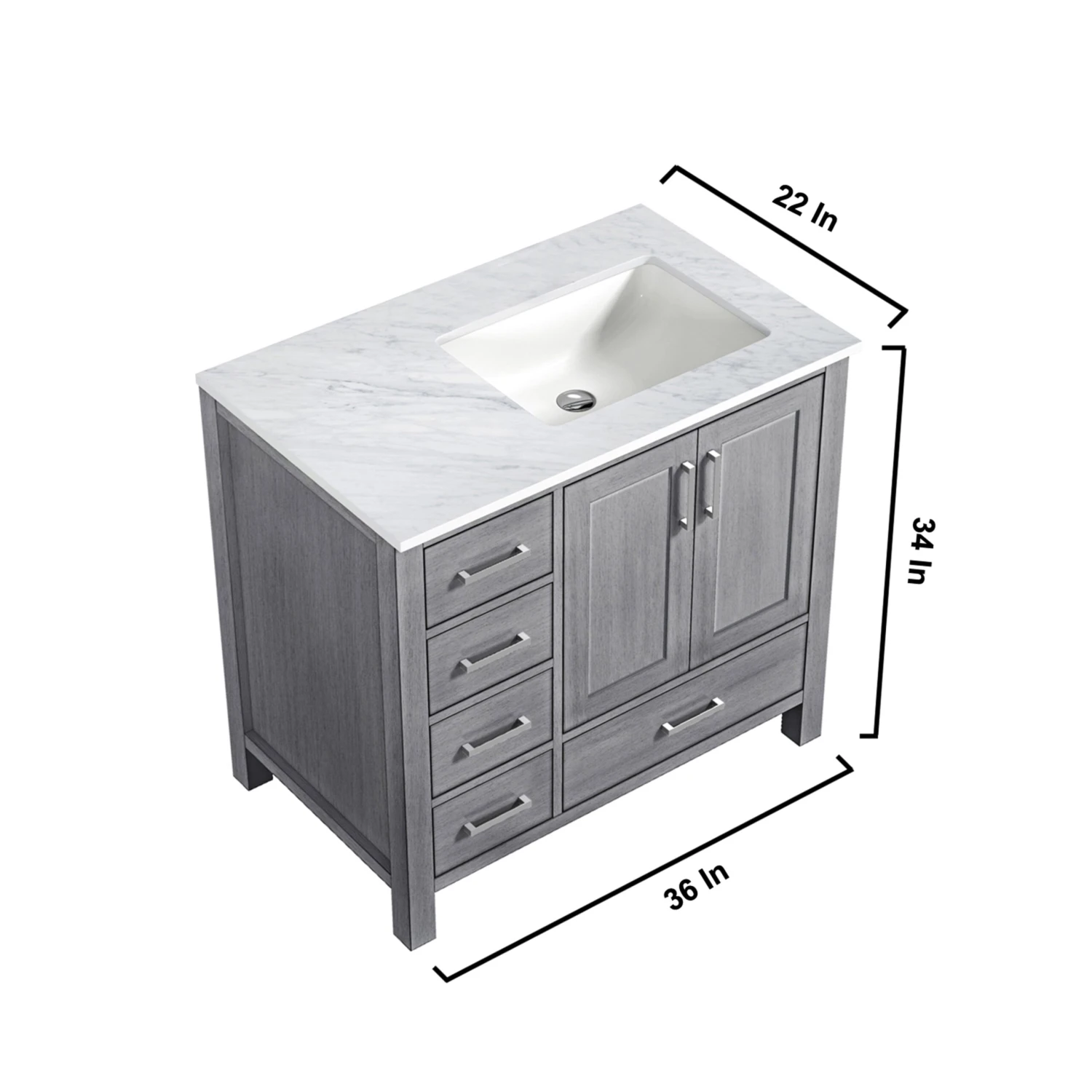 Lexora Jacques 36" Distressed Grey Single Vanity, White Carrara Marble Top, White Square Sink And 34" Mirror - Right Version 12 Lexora Jacques 36" Distressed Grey Single Vanity, White Carrara Marble Top, White Square Sink And 34" Mirror - Right Version - Image 10