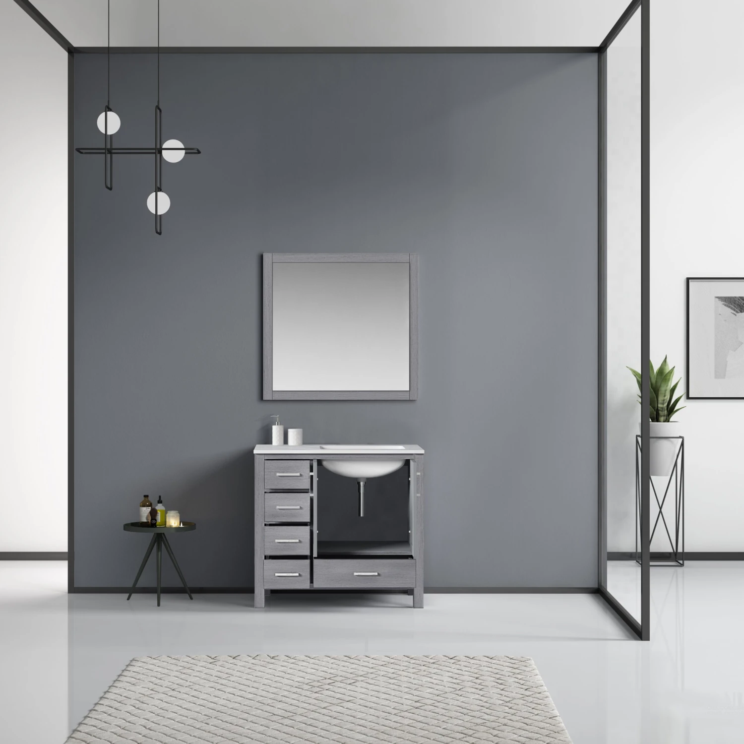 Lexora Jacques 36" Distressed Grey Single Vanity, White Carrara Marble Top, White Square Sink And 34" Mirror - Right Version 5 Lexora Jacques 36" Distressed Grey Single Vanity, White Carrara Marble Top, White Square Sink And 34" Mirror - Right Version - Image 3