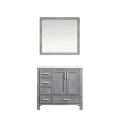 Lexora Jacques 36" Distressed Grey Single Vanity, White Carrara Marble Top, White Square Sink And 34" Mirror - Right Version