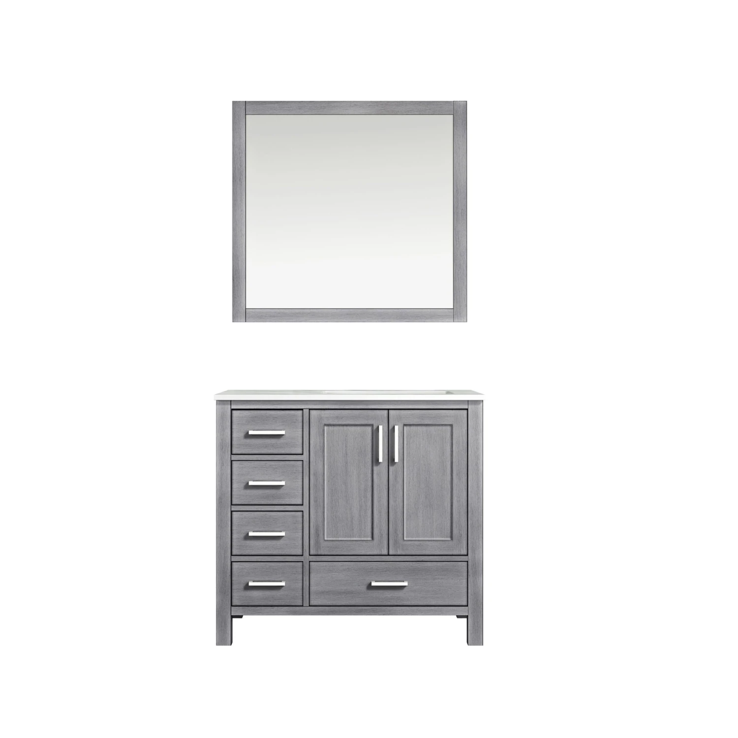 Lexora Jacques 36" Distressed Grey Single Vanity, White Carrara Marble Top, White Square Sink And 34" Mirror - Right Version 3 Lexora Jacques 36" Distressed Grey Single Vanity, White Carrara Marble Top, White Square Sink And 34" Mirror - Right Version
