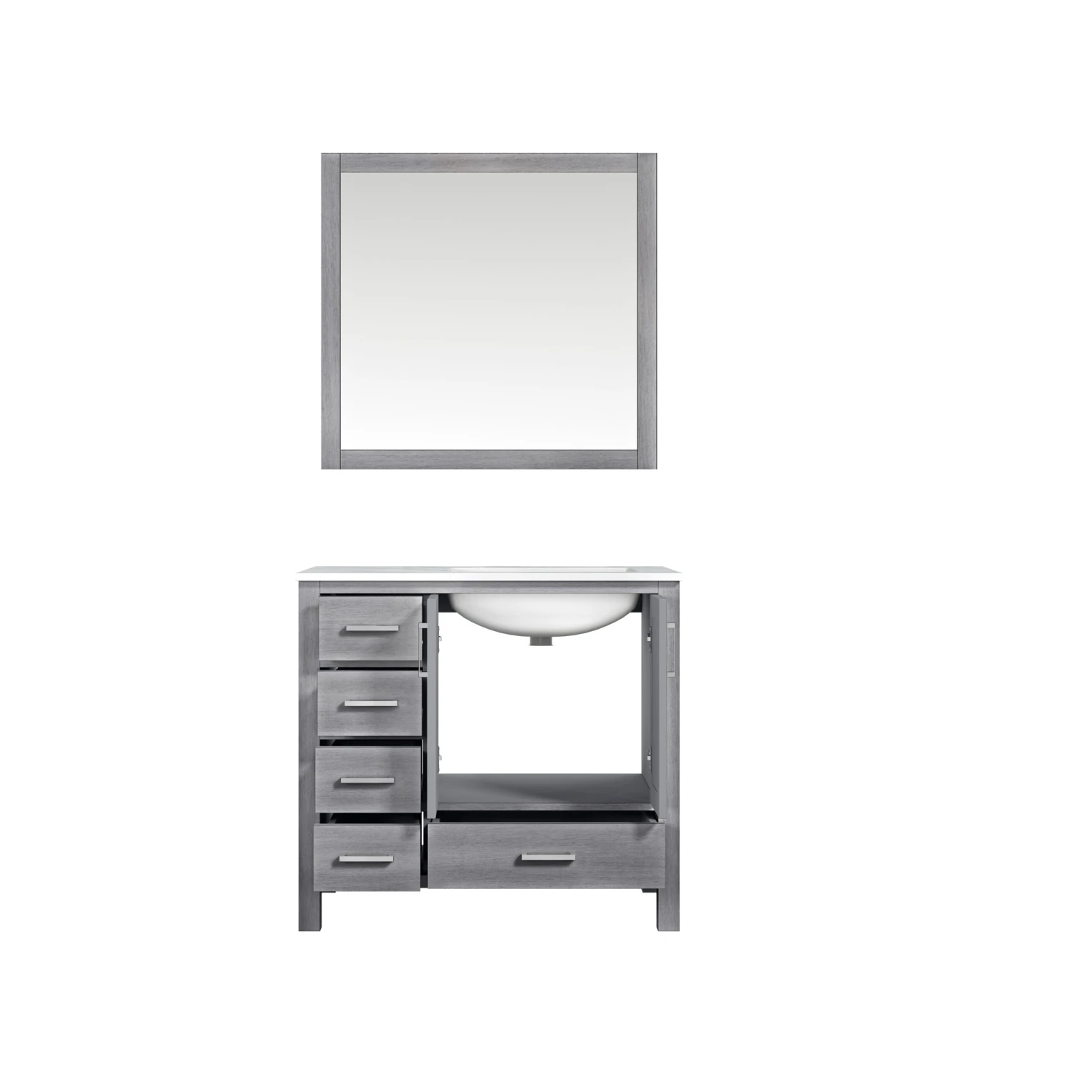 Lexora Jacques 36" Distressed Grey Single Vanity, White Carrara Marble Top, White Square Sink And 34" Mirror - Right Version 6 Lexora Jacques 36" Distressed Grey Single Vanity, White Carrara Marble Top, White Square Sink And 34" Mirror - Right Version - Image 4