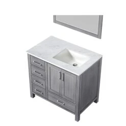 Lexora Jacques 36" Distressed Grey Single Vanity, White Carrara Marble Top, White Square Sink And 34" Mirror - Right Version 17 Lexora Jacques 36" Distressed Grey Single Vanity, White Carrara Marble Top, White Square Sink And 34" Mirror - Right Version -Home And Outdoor LJ342236SDDSM34 R 5