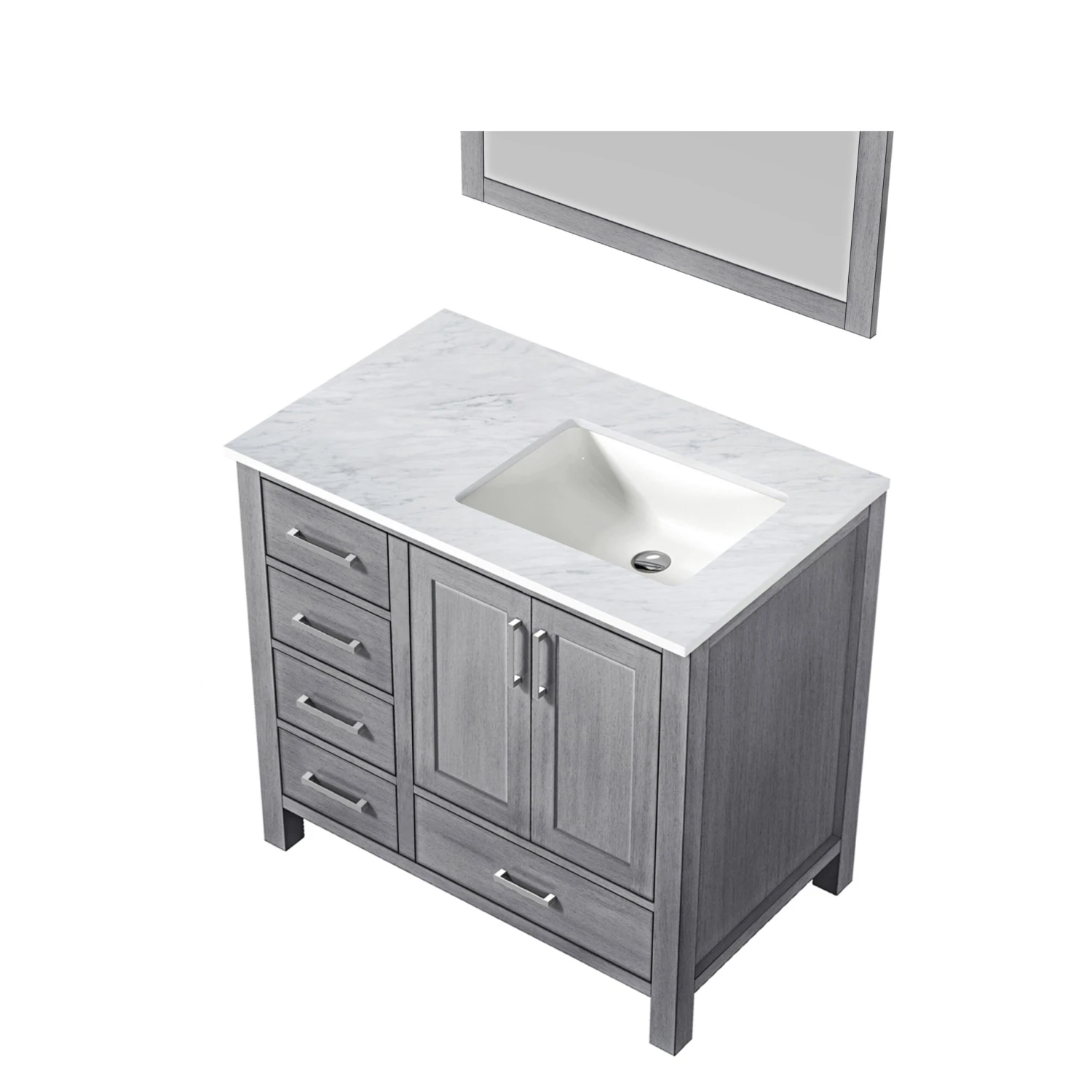 Lexora Jacques 36" Distressed Grey Single Vanity, White Carrara Marble Top, White Square Sink And 34" Mirror - Right Version 7 Lexora Jacques 36" Distressed Grey Single Vanity, White Carrara Marble Top, White Square Sink And 34" Mirror - Right Version - Image 5
