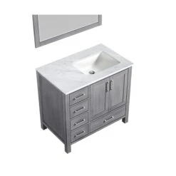 Lexora Jacques 36" Distressed Grey Single Vanity, White Carrara Marble Top, White Square Sink And 34" Mirror - Right Version 18 Lexora Jacques 36" Distressed Grey Single Vanity, White Carrara Marble Top, White Square Sink And 34" Mirror - Right Version -Home And Outdoor LJ342236SDDSM34 R 6