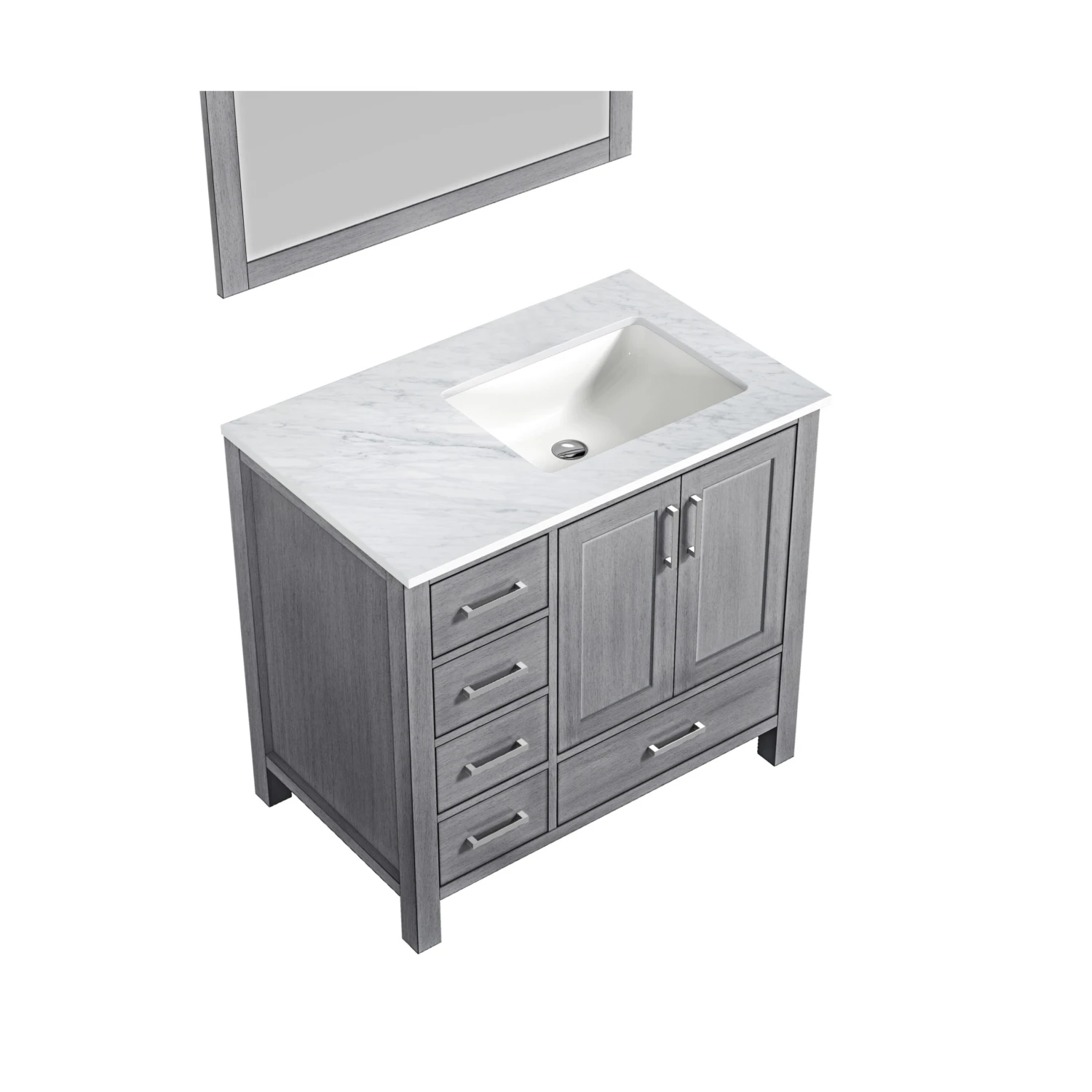 Lexora Jacques 36" Distressed Grey Single Vanity, White Carrara Marble Top, White Square Sink And 34" Mirror - Right Version 8 Lexora Jacques 36" Distressed Grey Single Vanity, White Carrara Marble Top, White Square Sink And 34" Mirror - Right Version - Image 6