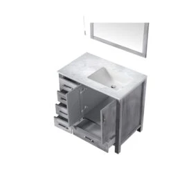 Lexora Jacques 36" Distressed Grey Single Vanity, White Carrara Marble Top, White Square Sink And 34" Mirror - Right Version 20 Lexora Jacques 36" Distressed Grey Single Vanity, White Carrara Marble Top, White Square Sink And 34" Mirror - Right Version -Home And Outdoor LJ342236SDDSM34 R 8