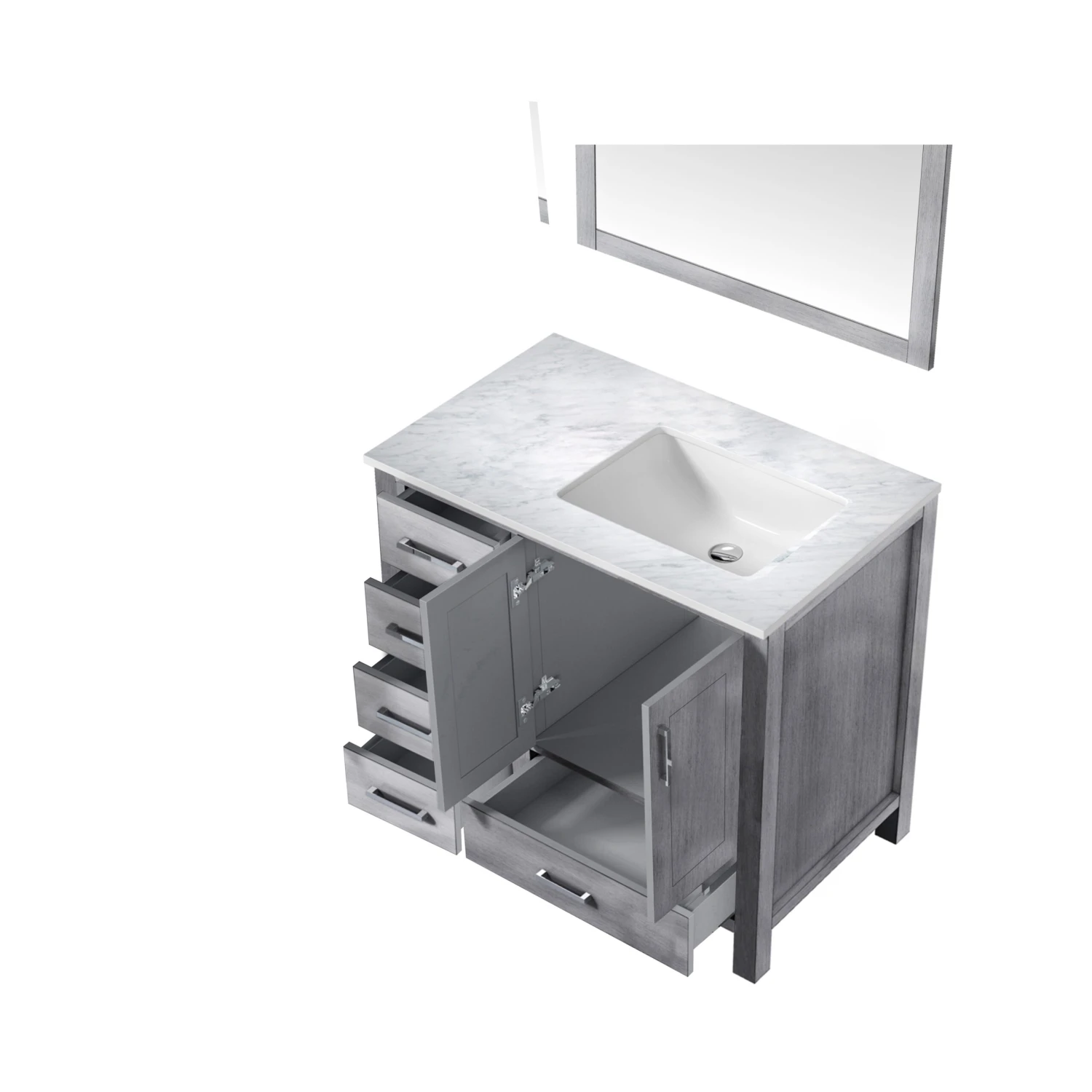 Lexora Jacques 36" Distressed Grey Single Vanity, White Carrara Marble Top, White Square Sink And 34" Mirror - Right Version 10 Lexora Jacques 36" Distressed Grey Single Vanity, White Carrara Marble Top, White Square Sink And 34" Mirror - Right Version - Image 8