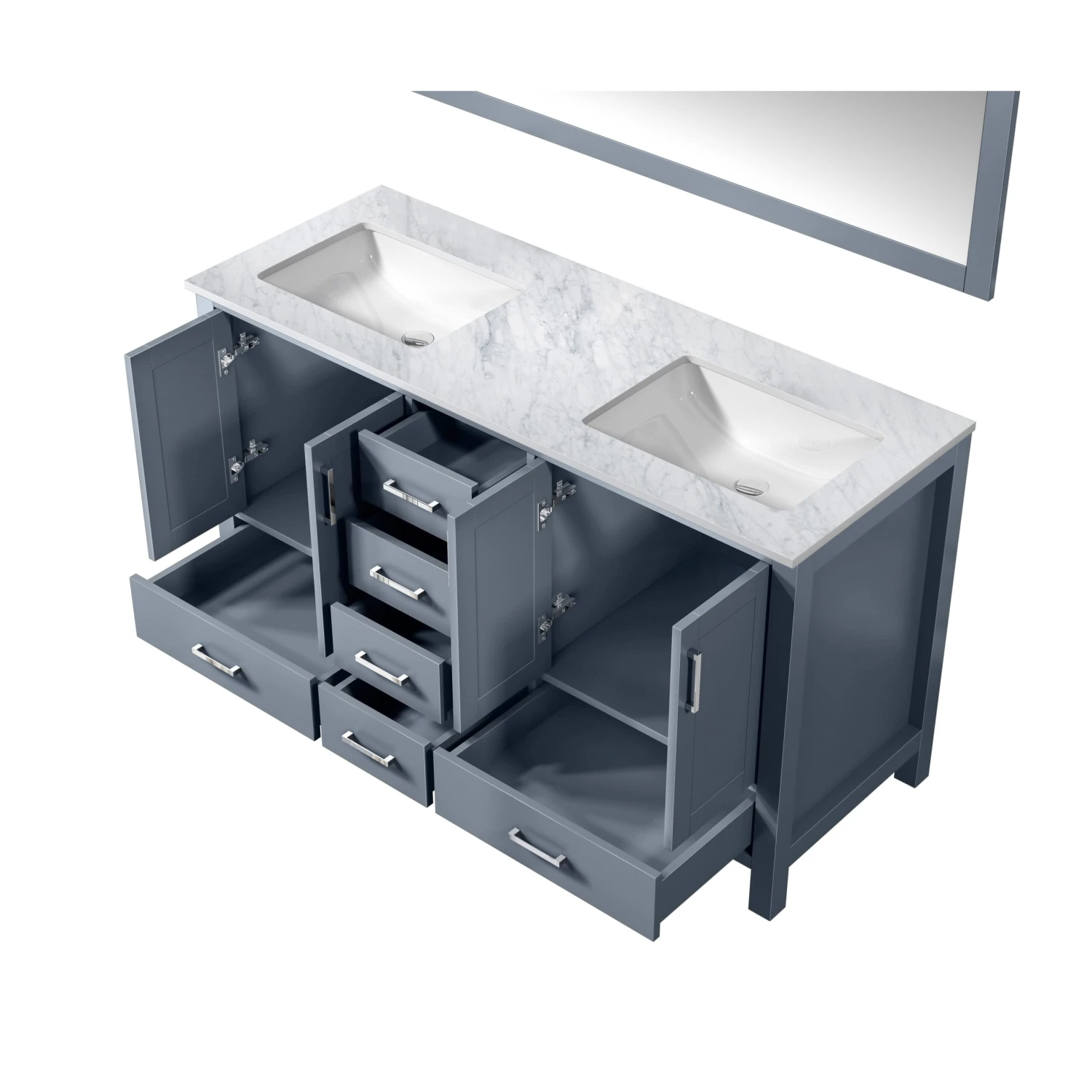 Lexora Jacques 60" Dark Grey Double Vanity, White Carrara Marble Top, White Square Sinks And 58" Mirror 9 Lexora Jacques 60" Dark Grey Double Vanity, White Carrara Marble Top, White Square Sinks And 58" Mirror - Image 7