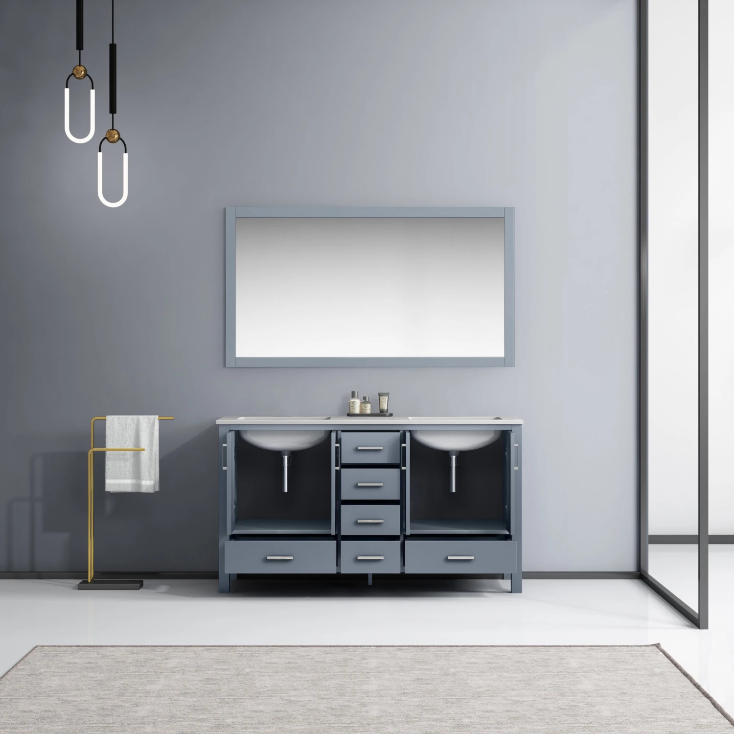 Lexora Jacques 60" Dark Grey Double Vanity, White Carrara Marble Top, White Square Sinks And 58" Mirror 5 Lexora Jacques 60" Dark Grey Double Vanity, White Carrara Marble Top, White Square Sinks And 58" Mirror - Image 3