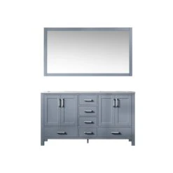 Lexora Jacques 60" Dark Grey Double Vanity, White Carrara Marble Top, White Square Sinks And 58" Mirror