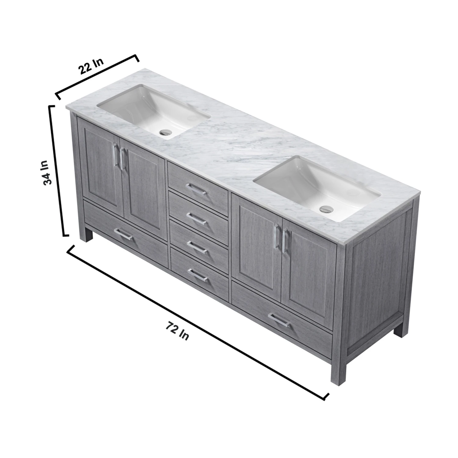 Lexora Jacques 72" Distressed Grey Double Vanity, White Carrara Marble Top, White Square Sinks And 70" Mirror 14 Lexora Jacques 72" Distressed Grey Double Vanity, White Carrara Marble Top, White Square Sinks And 70" Mirror - Image 12