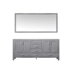 Lexora Jacques 72" Distressed Grey Double Vanity, White Carrara Marble Top, White Square Sinks And 70" Mirror