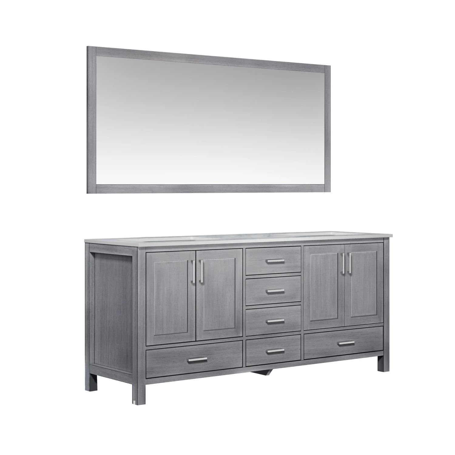 Lexora Jacques 72" Distressed Grey Double Vanity, White Carrara Marble Top, White Square Sinks And 70" Mirror 7 Lexora Jacques 72" Distressed Grey Double Vanity, White Carrara Marble Top, White Square Sinks And 70" Mirror - Image 5