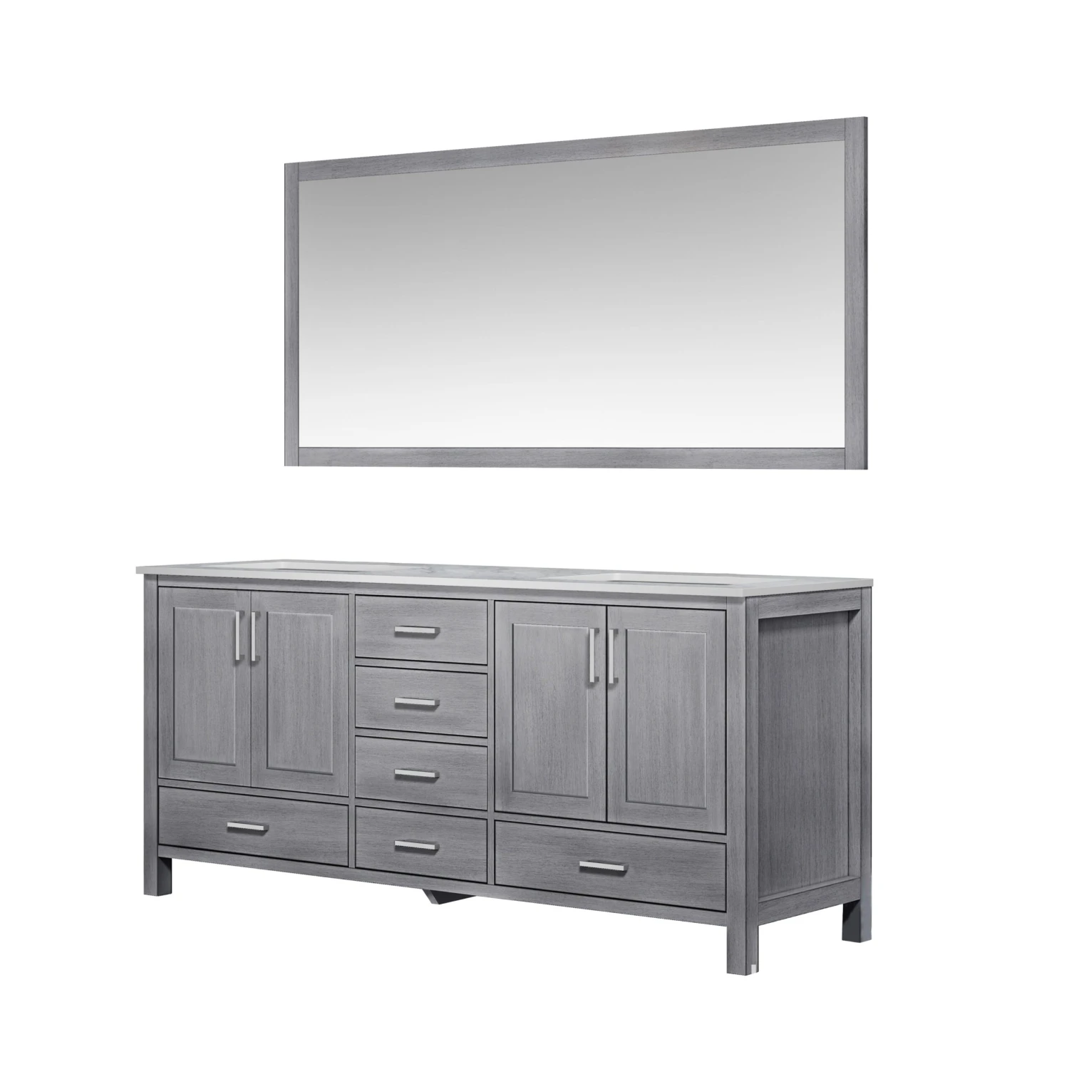 Lexora Jacques 72" Distressed Grey Double Vanity, White Carrara Marble Top, White Square Sinks And 70" Mirror 8 Lexora Jacques 72" Distressed Grey Double Vanity, White Carrara Marble Top, White Square Sinks And 70" Mirror - Image 6