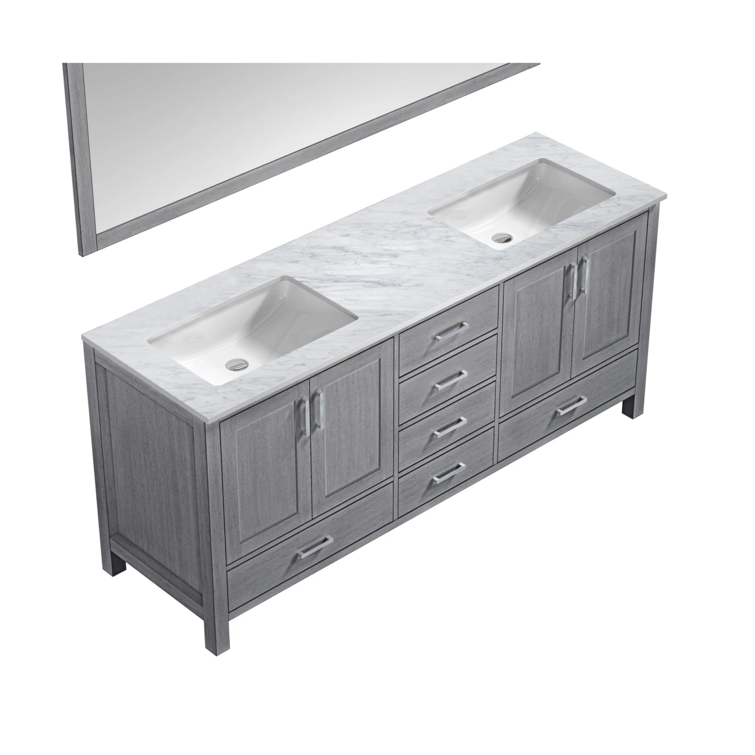 Lexora Jacques 72" Distressed Grey Double Vanity, White Carrara Marble Top, White Square Sinks And 70" Mirror 9 Lexora Jacques 72" Distressed Grey Double Vanity, White Carrara Marble Top, White Square Sinks And 70" Mirror - Image 7