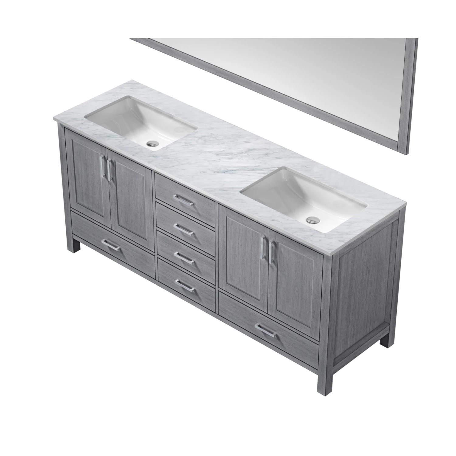 Lexora Jacques 72" Distressed Grey Double Vanity, White Carrara Marble Top, White Square Sinks And 70" Mirror 10 Lexora Jacques 72" Distressed Grey Double Vanity, White Carrara Marble Top, White Square Sinks And 70" Mirror - Image 8