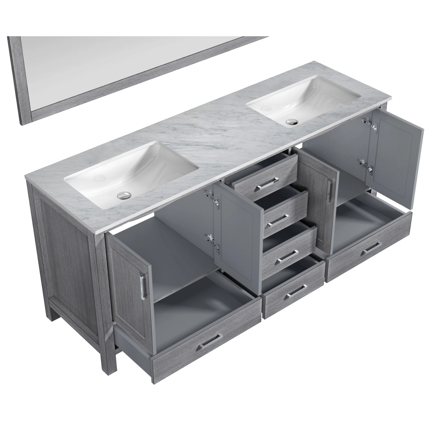 Lexora Jacques 72" Distressed Grey Double Vanity, White Carrara Marble Top, White Square Sinks And 70" Mirror 11 Lexora Jacques 72" Distressed Grey Double Vanity, White Carrara Marble Top, White Square Sinks And 70" Mirror - Image 9