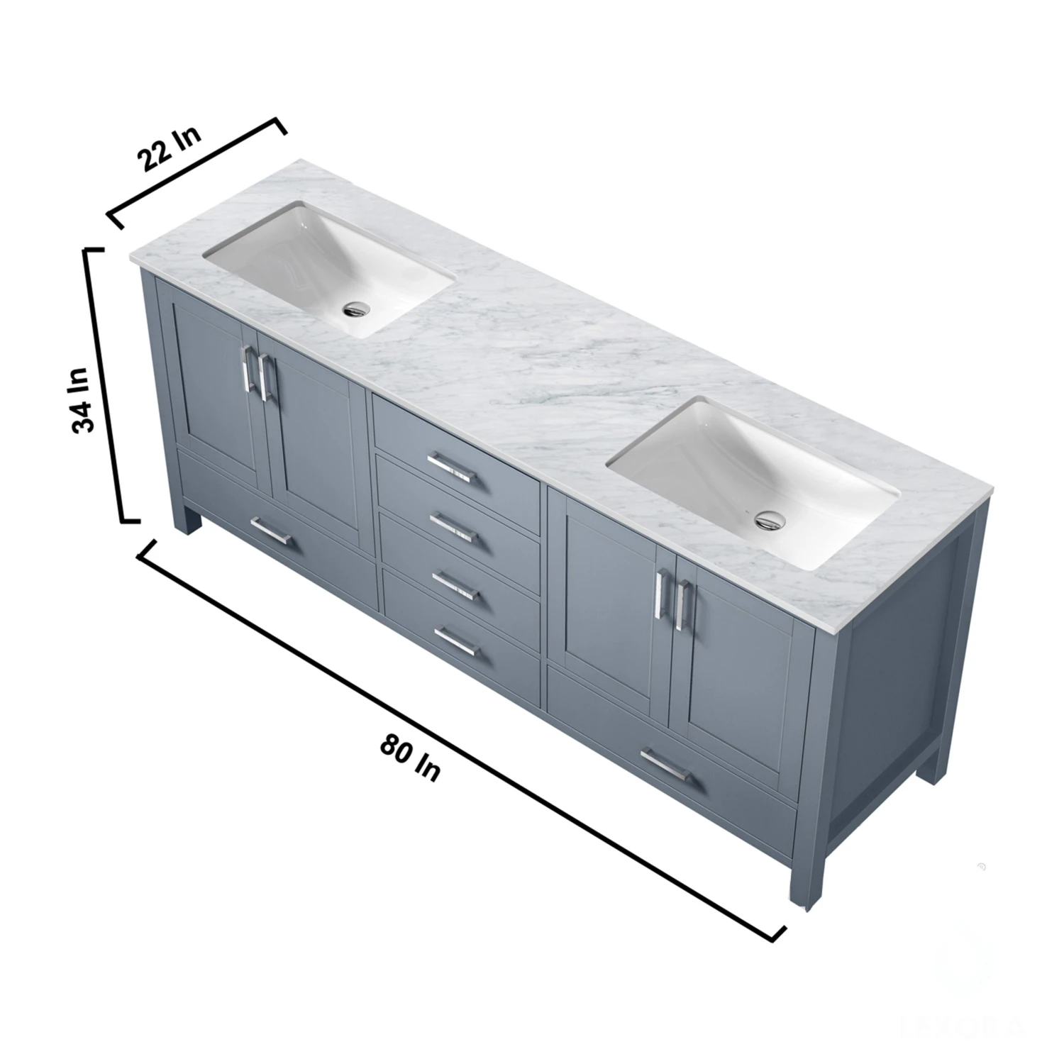 Lexora Jacques 80" Dark Grey Double Vanity, White Carrara Marble Top, White Square Sinks And 30" Mirrors 14 Lexora Jacques 80" Dark Grey Double Vanity, White Carrara Marble Top, White Square Sinks And 30" Mirrors - Image 12